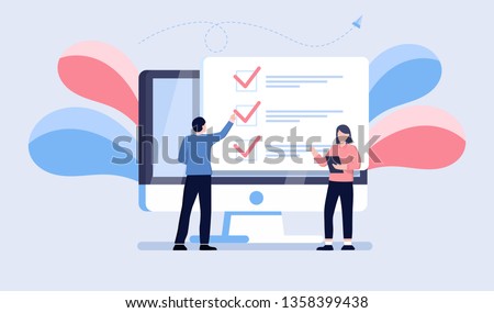 Online form survey on computer vector illustration, flat cartoon desktop pc showing exam paper sheet document icon, student and teacher talking about results