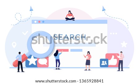 Web search. Flat design business people concept. Vector illustration for banner, presentation, advertising. young people using mobile smarthone and laptop for searching info in web browser.