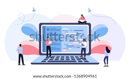 Young programmers coding a new project sitting on big laptop with command line. Flat vector illustration of young programmer using programmimg skills. Laptop screen with program code Сток-фото © 