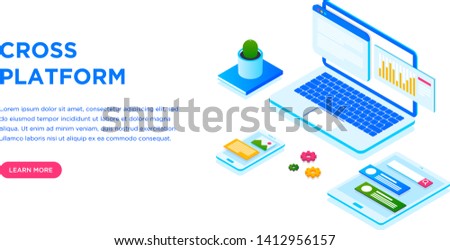 Web development and coding. Cross platform development. Adaptive layout internet page, interface on screen laptop, tablet and phone. Isometric concept . Browser window, mail notification, work place