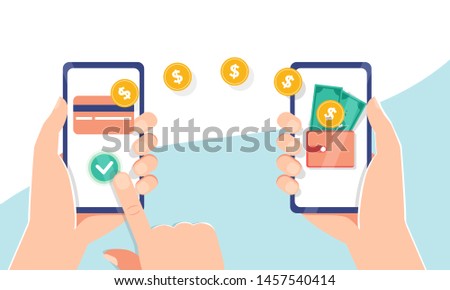 Flat vector illustration of Mobile payment transfer. People sending and receiving money wireless with their mobile phones. Hands holding smartphones with online banking payment apps. Mobile wallet