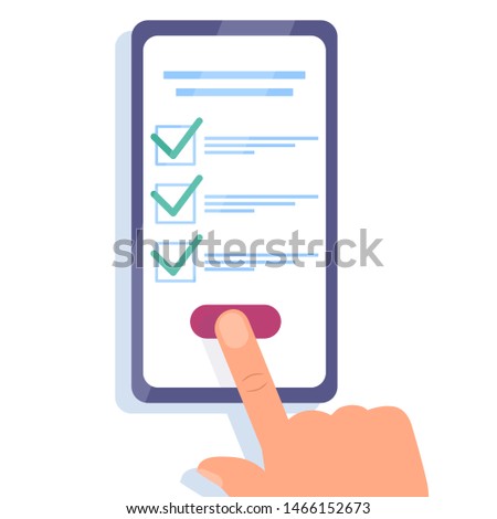 One hand holds smartphone and finger touch checklist on screen. Online survey concept. Checklist on tablet display, checkboxes with check mark. List of purchases, tasks, to do, wish list banner