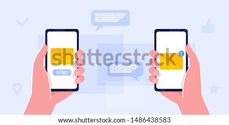 Two Hands holding smartphone with new message notification on screen. Mobile phone alert about new email. Send message, news, image, like, sms. Sharing multimedia, Vector cartoon design isolated