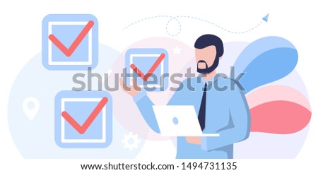 fill out form, for web banners, infographics, websites. Concept done job, checklist, long paper document to do list with checkboxes. life work balance, time management, tasks, manager, boss, success