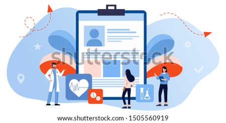 Healthcare insurance vector illustration concept, people with doctor fill health form insurance on clipboard. human life insurance.  protection of people from accidents with life. Doctor and patients