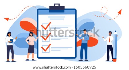 Successful execution of tasks from the to check list. Man with pen and clipboard. To do list concept. Completion tasks. Vector illustration flat design. Ethnic people group full length team