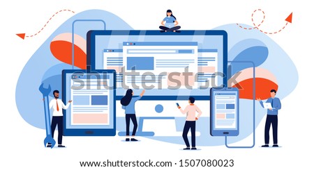 Web development and coding. Cross platform development website. Adaptive layout internet page or web interface on screen laptop, tablet and phone. Small people are working on creating a website