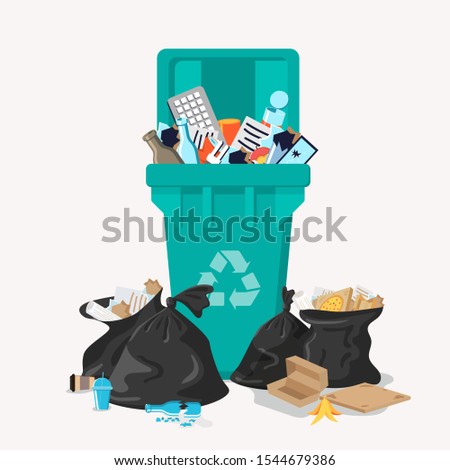 Recycle garbage bin full of overflowing trash. Littering waste.  Trash is fallen on the ground, plastic bags with box, papers, glass, bottles, e-waste. Cleaning city banner, flyer. Waste management 