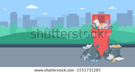 Red Garbage bin full of trash. Waste recycling and management. Can full of overflowing trash, plastic bags with box, papers, glass, bottles, e-waste. Cleaning city banner template. Household waste