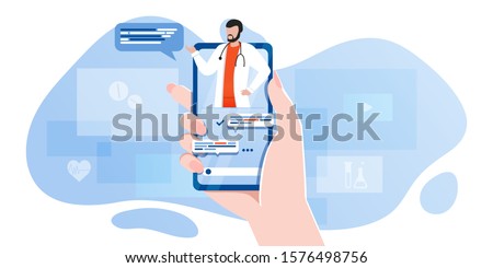 smartphone screen with male therapist on chat in messenger and an online consultation. Vector flat illustration. Ask doctor. Online medical advise or consultation service, tele medicine, cardiology