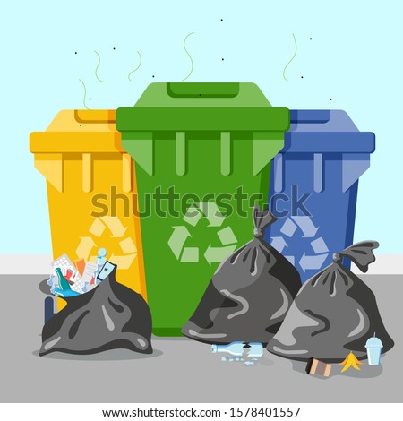 garbage cans with sorted garbage vector. Container dustbin for paper, metal, glass. Separation of waste cans for recycling. Colored waste bins. Waste management . Plastic Garbage bag full of trash