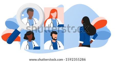 woman and doctors team medical staff portraits. Patient online searching therapist via smartphone. Mobile app to find a specialist, medical insurance, telemedicine. For banner, flyer, landing