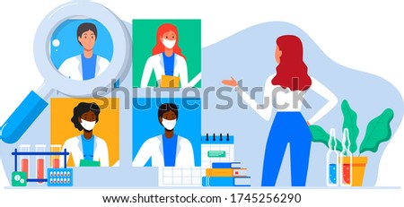 Patient chooses family doctor, doctors team medical staff portraits. Online searching therapist via internet. Mobile app to find a specialist, medical insurance, telemedicine. For banner, flyer