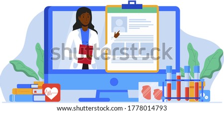 Online patient medical consultation and support chat set. Online doctor app messenger. Healthcare services, Ask a doctor. Family doctor on the computer screen.  Tele medicine banner.