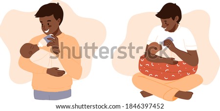 Black skin Father feeding newborn. Baby feeding positions set. African Man feeds infant with milk bottle. Father's day banner, clip art. cartoon vector illustration. Happy Modern fatherhood