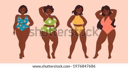 Set of plus size african american woman in swimsuit isolated vector illustration. Modern hand drawn design clip art. Love your body. Body positive. Diffrent body types. 