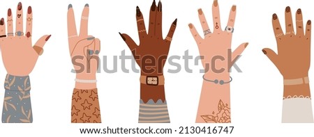 Women hands different nationalities. International Women's Day, 8 March greeting card, banner. Set of hands raised up. Group of diverse arms with rings, accessories, tattoo, manicure