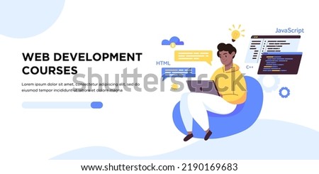 Web development courses concept banner template. Script coding and programming in php, python, javascript, programming languages. Software engineer working on web development on computer