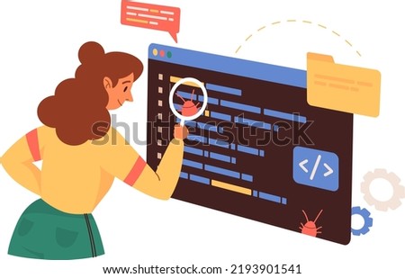 Woman programmer checking, catching bugs. Fixing system errors. Software application testing, quality assurance, QA engineer and bug fixing concept. Vector illustration web development concept 