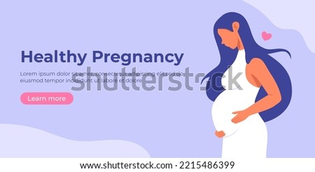 Pregnant woman in dress holds her belly. Happy, healthy pregnancy and motherhood banner, place for text. Happy mother's day poster. Flat cartoon vector illustration. Maternity concept