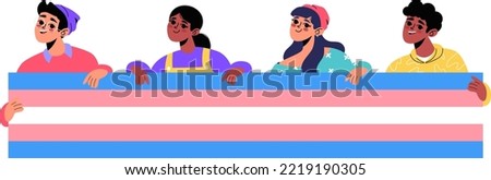 Happy young male and female characters holding transgender flag. Human rights, lesbian, gay, bisexual, transgender and queer people. LGBT pride vector flat illustration. Trans awareness month 