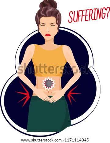 Vector sad herson with stomacheache. Frowning suffering woman crying has menstrual cramps. Hands on stomach period pains. Feminine monthly health problems. Emotions painful expression on pretty face.