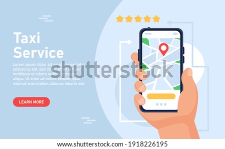 Taxi service concept.Online ordering a taxi, renting and sharing a car using the service's mobile application. Ordering a taxi with a smartphone. Concepts for web landing page template, banner, flyer.