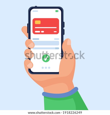 Vector illustration concept for online payment. The hand holds a smartphone on which the application with payment is open. Successful money transfer. Can be used for websites and mobile applications. Stockfoto © 