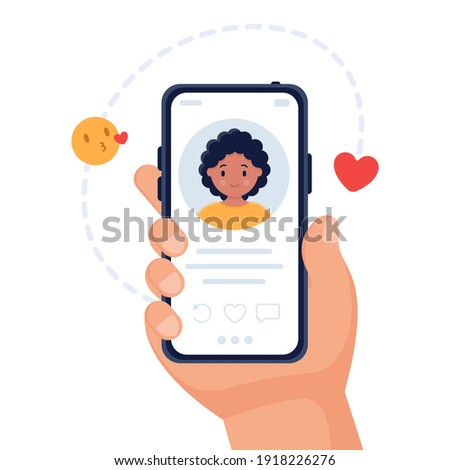 Online dating vector concept. Dating app. Hand holds smartphone with girl's profile. Social networking concept. Young people are looking for a couple. Man and woman chatting on the Internet.