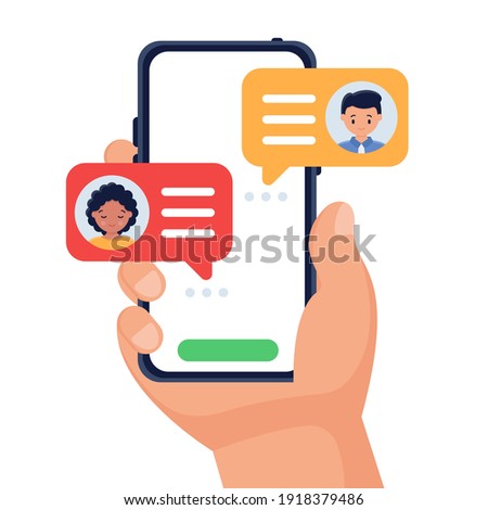 Vector concept of successfully sending messages on a smartphone. E-mail. Hands hold the phone and click to send a message. Fast information via the internet. Can be used for smartphone apps, websites.