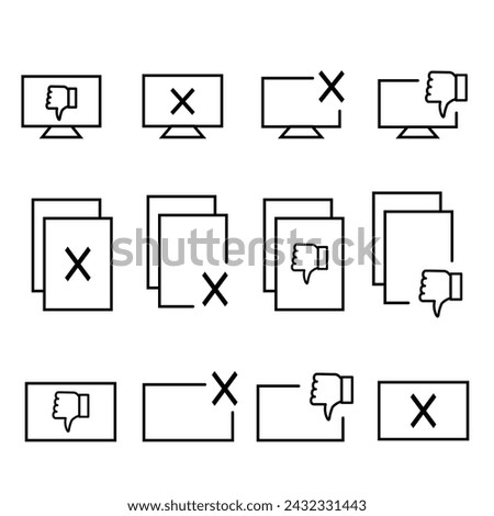 Set of Decline certificate, Cancellation and Dislike icons. Reject or cancel line icons.