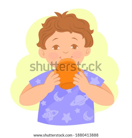 Toddler in purple shirt, using his sippy cup