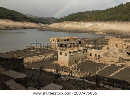 Abandoned old village of Aceredo, Galicia, Spain. Submerged since the construction of the Alto Lindoso dam in 1992, emerged due to the current drought in this region. Сток-фото © 