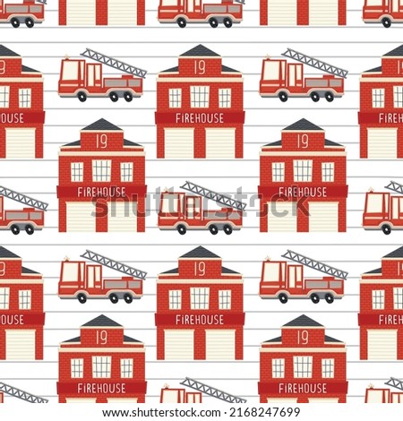 Firetruck and fire station. Cute fire truck seamless pattern. Vector illustration for a child in a simple Scandinavian hand-drawn style. The palette is ideal for printing on children's clothing.