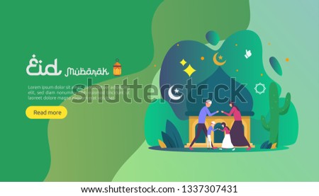 islamic design illustration concept for Happy eid mubarak or ramadan greeting with people character. template for web landing page, banner, presentation, social, poster, ad, promotion or print media. Imagine de stoc © 
