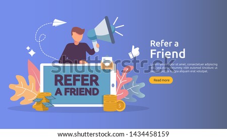 affiliate marketing concept. refer a friend strategy. people character shout megaphone sharing referral business partnership and earn money. template for web landing page, banner, poster, print media