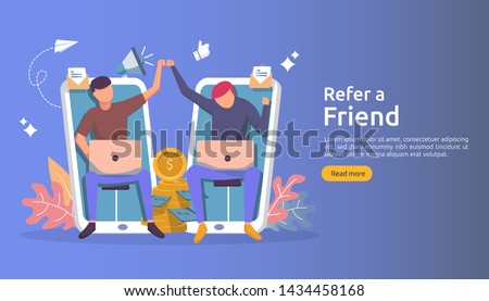 refer a friend affiliate partnership and earn money. marketing concept strategy. people character sharing referral business. template for web landing page, banner, presentation,poster, or print media