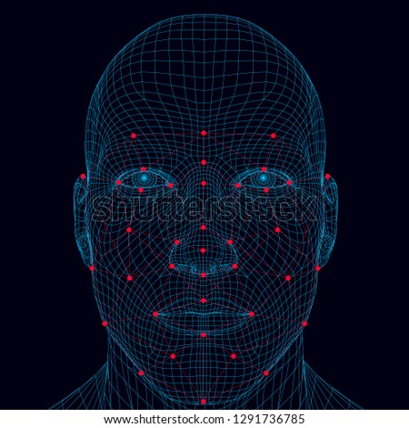 Face recognition men. The polygonal wireframe of the head of a man demonstrates face recognition technology. A lot of points and lines for recognizing a person's personality. Vector illustration.