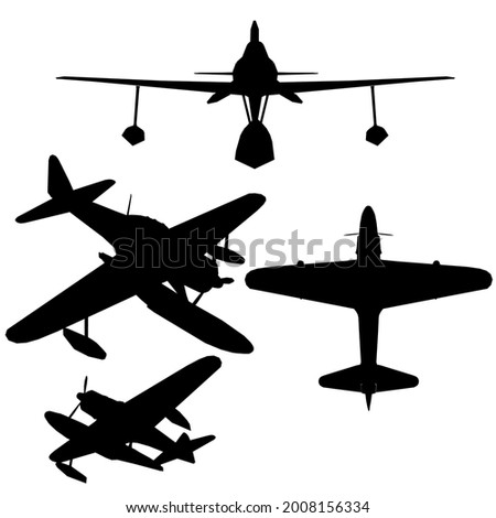 Set with silhouettes of an airplane for landing on the water with a propeller in various positions isolated on a white background. Vector illustration