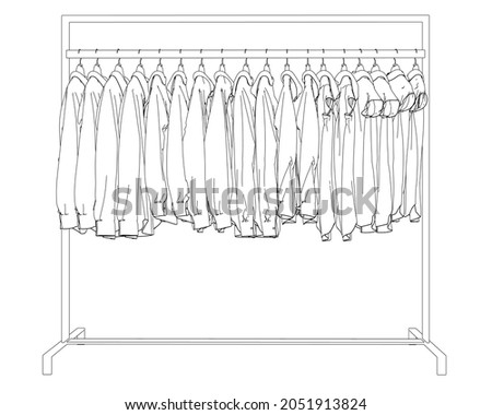 Outline of clothes hanging on a hanger isolated on white background. Clothes on a hanger in the store. Vector illustration