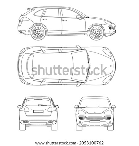 Set with the contours of a passenger car from black lines Isolated on white background. Front, back, side, top view. Vector illustration