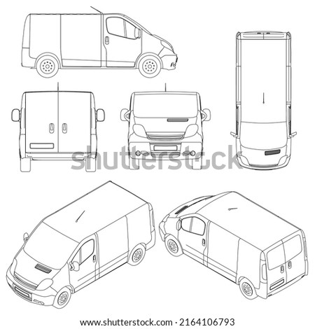Set with outlines of a van from black lines isolated on a white background. Front view, isometric. side, top, back. Vector illustration.