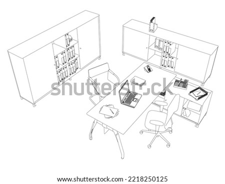 The contour of the office table, chairs, laptop, cabinets and other office supplies isolated on a white background. Isometric view. 3D. Vector illustration.