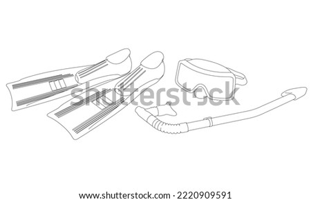 Scuba diving outline from black lines isolated on white background. Fins, mask and snorkel. 3D. Vector illustration.