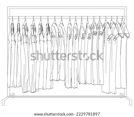 Outline of dresses hanging on hangers from black lines isolated on white background. Side view. 3D. Vector illustration.