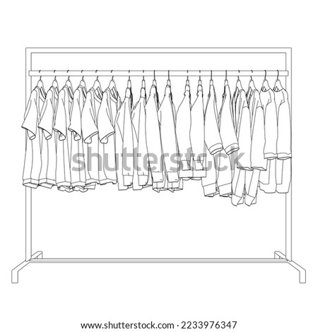 Outline of clothes on a hanger made of black lines isolated on a white background. Clothes hang in a row on a hanger. Side view. 3D. Vector illustration.