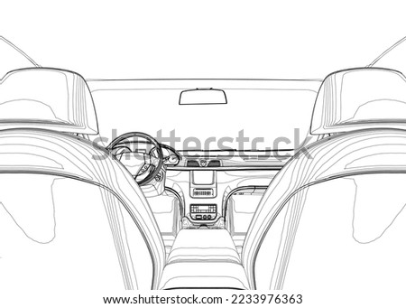 The contour of the car interior inside from black lines isolated on a white background. View from the back seat. 3D. Vector illustration.