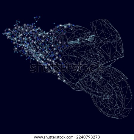 Wireframe of a collapsing motorcycle into fragments with glowing lights from blue lines isolated on a dark background. Perspective view. 3D. Vector illustration.