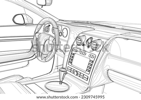 Luxurious beige contour car interior vector illustration. Car outline interior. View from drivers seat..