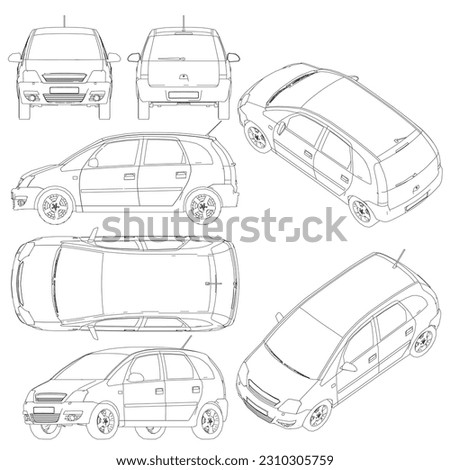 Blank compact car template for branding or advertising. Car outline on white background. Set with the contours of a passenger car from black lines Isolated on white background. Vector illustration.